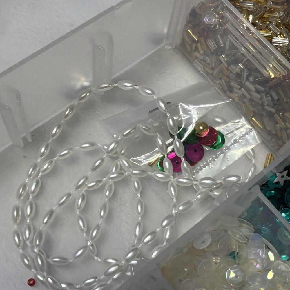 Large Mixed Craft Lot Beads Sequins Faux Pearls Jewelry Findings Organizer Box - Picture 6 of 16